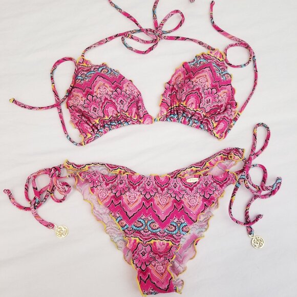 Luli Fama Hot Pink & Turquoise Summer Fling Bikini Set with Cover Up Mini Dress - Picture 8 of 16